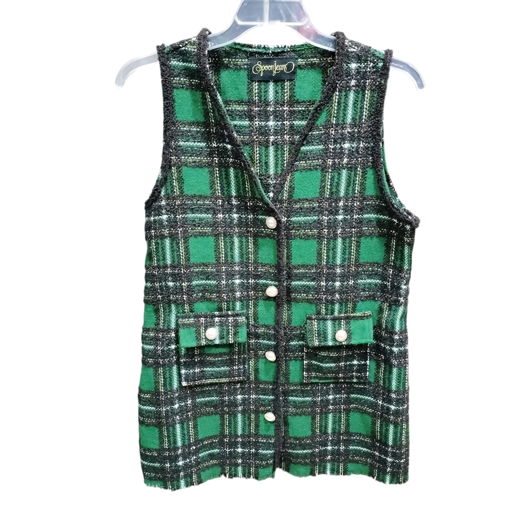 Spoon Jeans Green Plaid Pearl Button Vest Women’s Size L